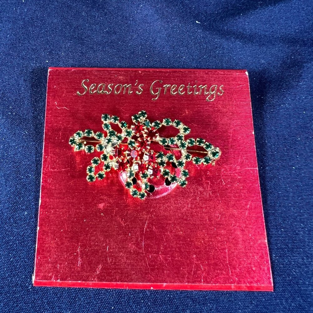Vintage Rhinestone Snowflake Brooch Green & Red Holiday Jewelry On Seasonal Card